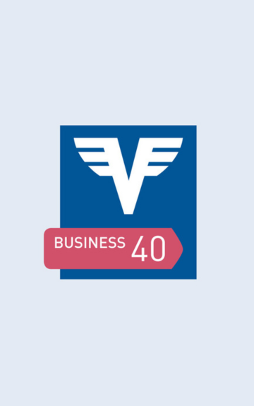   Das Business Konto Logo mit roter 40-Aufschrift in Dunkelblau.